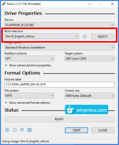 pilih ISO Windows 10, cara membuat flashdisk bootable windows 10 dengan rufus